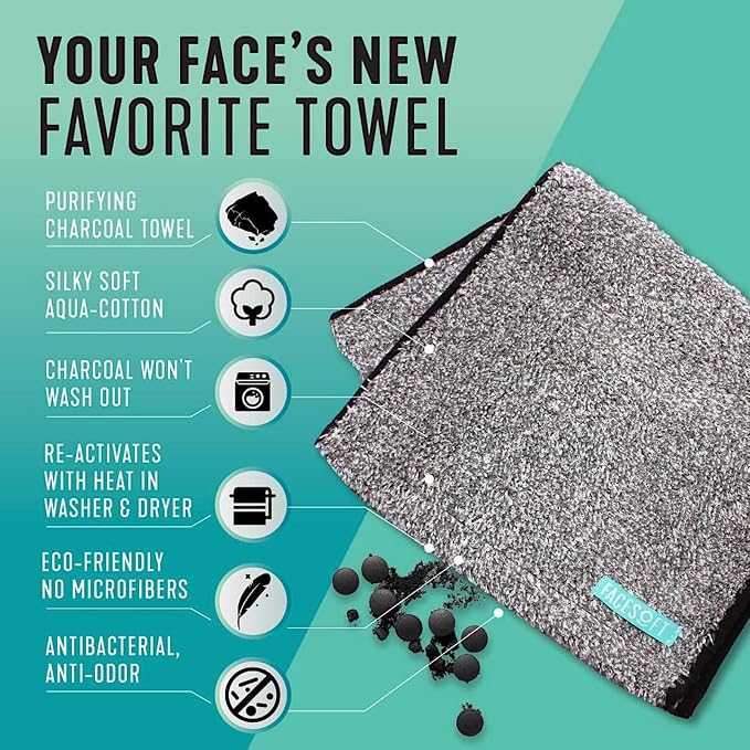 FACESOFT Mini Towels Charcoal 2X PRO Detox Multipack - Double Activated Charcoal - Pulls Toxins and Impurities from Skin - Soft and Absorbent Cotton Exercise Towel - Workout Towel for Sweat - 3 Pc