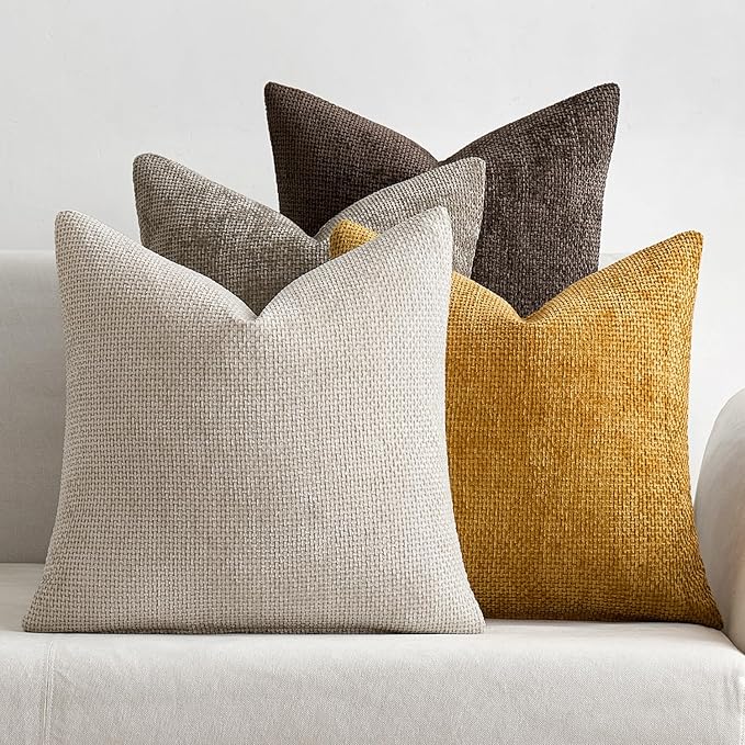MIULEE Decorative Chenille Fall Pillow Covers Gold Brown 16x16 Pack of 4 | Rustic Home Decor, Earth Tones Set, Couch Throw Pillows, Farmhouse Boho Cushion Covers for Sofa Bed Living Room