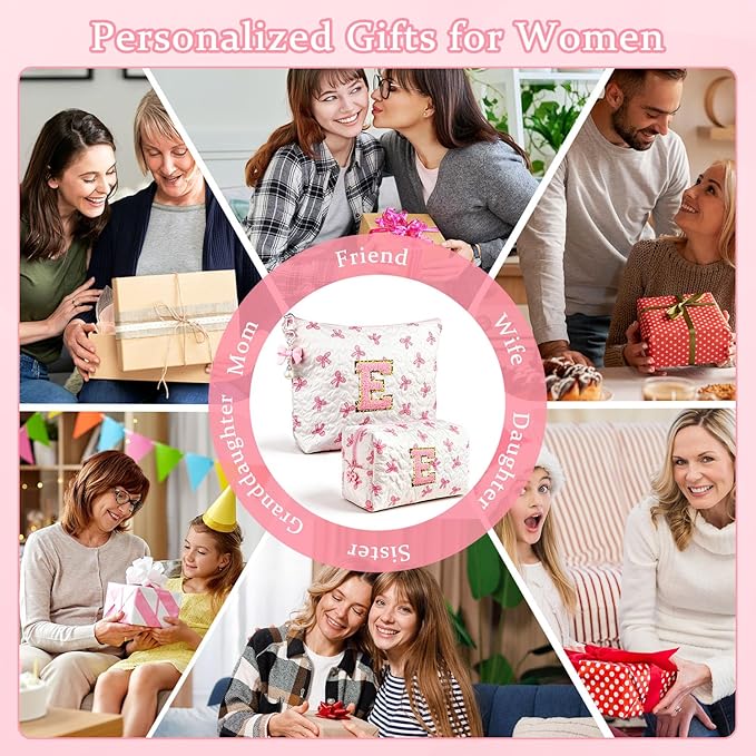 Initial Makeup Bag, Valentines Day Gifts for Women Teens Girls Birthday Gift Personalized Bow Cosmetic Bag, Quilted Cosmetic Travel Toiletry Pouch, Cute Makeup Organizer Teen Girl Gifts Trendy Stuff E