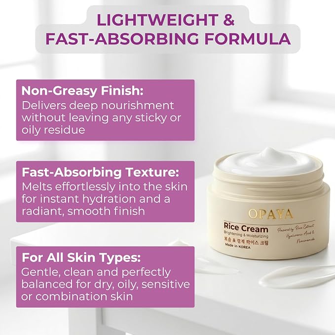 Korean Rice Cream Moisturizer for Face - Hydrating & Brightening Korean Skin Care, Hyaluronic Acid & Niacinamide Facial Moisturizer for Glass Skin, 2.48 fl oz (70 ml)