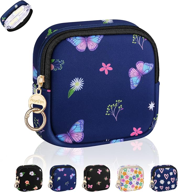 Period Bag for Teen Girls, Neoprene Cute Sanitary Napkin Storage Bag, Floral Menstrual Pad Pouch Tampon Holder (Butterfly)