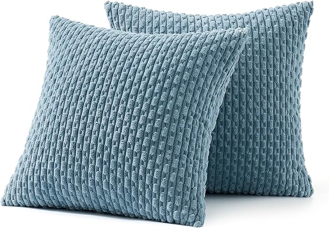 MIULEE Decorative Throw Pillow Covers 18x18 Blue Grey Textured Corduroy | Pack of 2 Striped Pillow Covers Modern Farmhouse Coastal Home Decor for Couch Bed Sofa Living Room