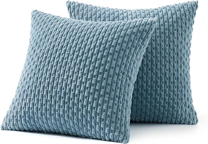 MIULEE Decorative Throw Pillow Covers 16x16 Blue Grey Textured Corduroy | Pack of 2 Striped Pillow Covers Modern Farmhouse Coastal Home Decor for Couch Bed Sofa Living Room