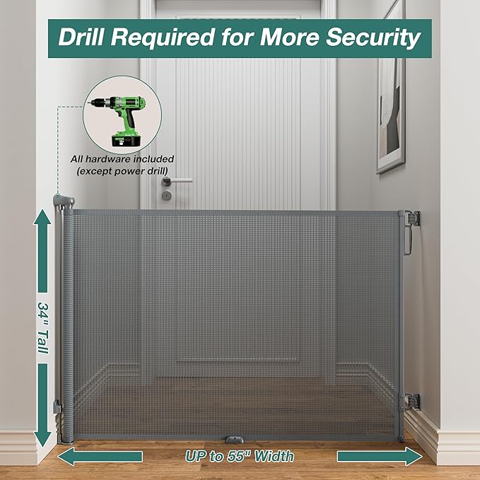 Babepai Retractable Baby Gates Extra Wide | 55" Wide x 34" Tall Dog Gates for Stairs | Indoor/Outdoor Use | Child Gates for Doorways, Deck, Porch, Hallways, Patio - Gray