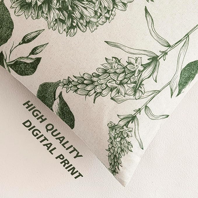 Foindtower Set of 2 Linen Floral Throw Pillow Covers Neutral Vintage Print Decorative Cozy Cushion Covers Farmhouse Boho Home Decor for Sofa Chair Couch Bedroom Living Room,18×18 Inch,Dark Green