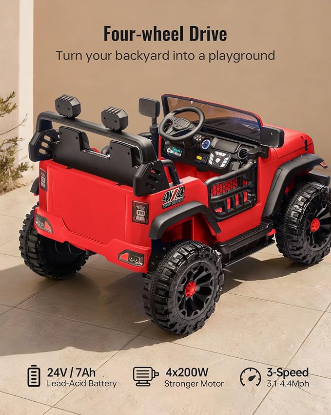 Outfunny 2 Seater Ride on Car Toy, 24V 4WD Electric Car for Kids 4-8 with Remote Control, 4x200W Motors, Capacity 150 lb - Red
