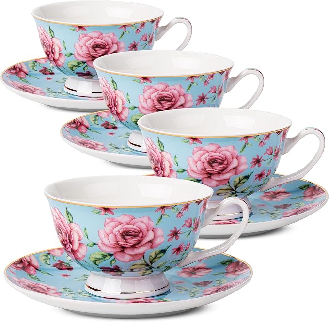 BTaT- Floral Tea Cups and Saucers, 8 oz, Fine Porcelain Teacup Set with Gold Trim for Afternoon Tea, Weddings, Parties & Gifting, Dishwasher Safe, Lightweight, Non-Toxic, Set of 4