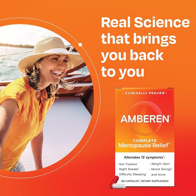 Amberen Menopause Supplement for Women, Clinically Proven, Helps Support Hormone Balance, Helps Relieve 12 Menopause Symptoms: Hot Flashes, Night Sweats, Mood Swings and More, 90 Days Supply