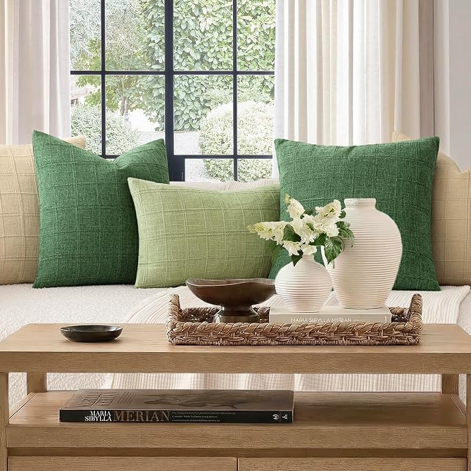 Foindtower Set of 2 Decorative Linen Check Throw Pillow Covers Neutral Farmhouse Lumbar Cushion Covers Modern Boho Accent Home Decor for Sofa Chair Couch Bedroom Living Room,12×20 Inch,Forest Green