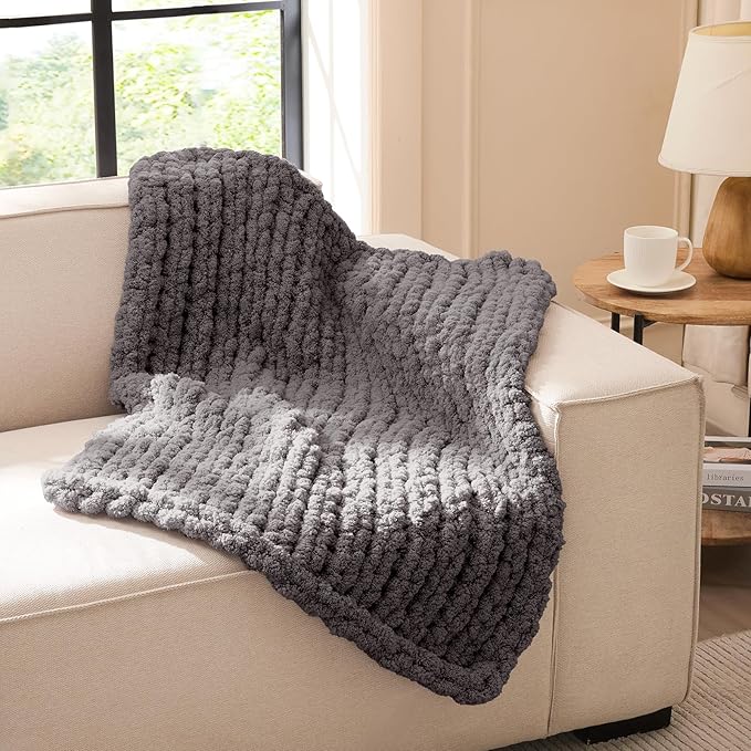 L'AGRATY Chunky Knit Throw Blanket for Couch, 30 x 40 Inches, Dark Grey | Handmade Chenille Crochet Blanket for Sofa Bed, Thick Cable Knitted Blankets for Room Home Decor, Birthday Gift for Women Mom