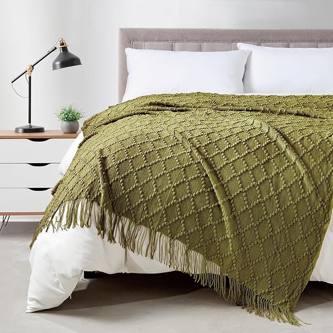 BOURINA Olive Throw Blanket 50 x70 Inch Jacquard Throw Knitted Blanket | Jacquard Argyle Throw Textured Solid Soft Throws and Blankets for Sofa or Bed Knitted Decorative Blanket