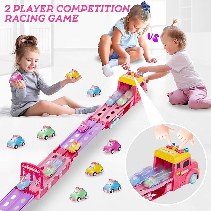 Car Toys for Age 2 3 4 5 6 7 Year Girl Toddler, Foldable Track & 2 Player Race Mode Game, Light & Sound Push Transport Carrier Truck W/ 6 Princess Car, Birthday Gift Idea for Kid