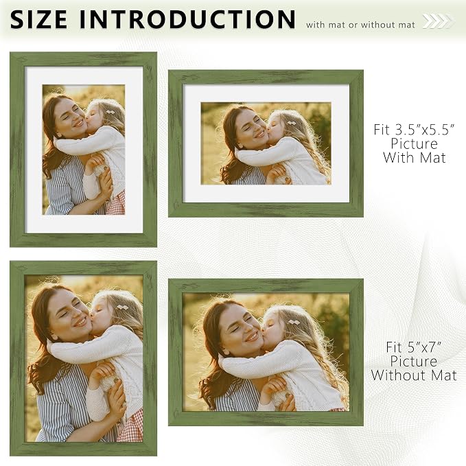 Picrit 5x7 Picture Frame Set of 12, Display 4x6 with Mat or 5x7 without Mat, Photo Frames for Wall Mounting or Table Top Display, Green Wood Grain