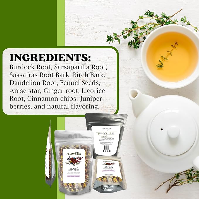 Nelson's Tea Really Root Beer - Cut & Sifted Sarsaparilla Root Tea Loose Leaf - Caffeine Free, Classic Herbal Blend with Burdock, Birch Bark, Dandelion, Licorice, Ginger and More (4 oz)