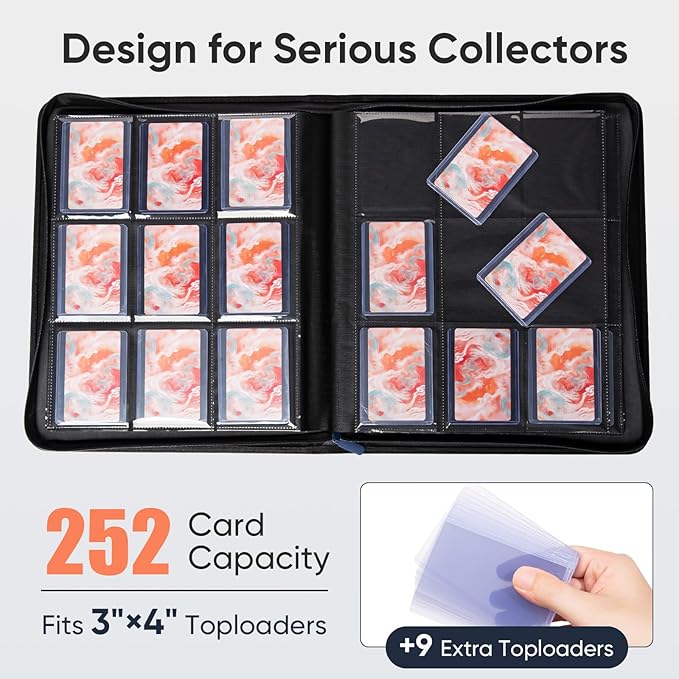 9-Pocket Toploader Binder – Holds 252 Toploaders, 9 Toploaders Included, Card Storage for Trading Cards in 3 x 4'' Toploader, Premium Zippered PU Binder for TCG, Sports Cards