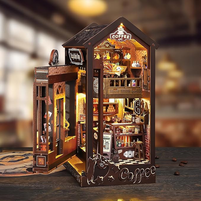 Foyucool DIY Book Nook Kit, Miniature Dollhouse Bookshelf Insert with Light, Laser-Cut Wooden Craft Set for Adults, Perfect for Teens and Adults, Coffee Shop