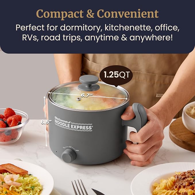 Elite Gourmet Noodle Express Electric Hot Pot, Stainless Steel, Grey | Prepares ramen, rice, soups & stews, boils water fast - glass lid - High/Low/Off settings