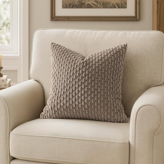 MIULEE Decorative Throw Pillow Covers 16x16 Neutral Brown Textured Corduroy | Pack of 2 Striped Pillow Covers Modern Farmhouse Fall Home Decor for Couch Bed Sofa Living Room