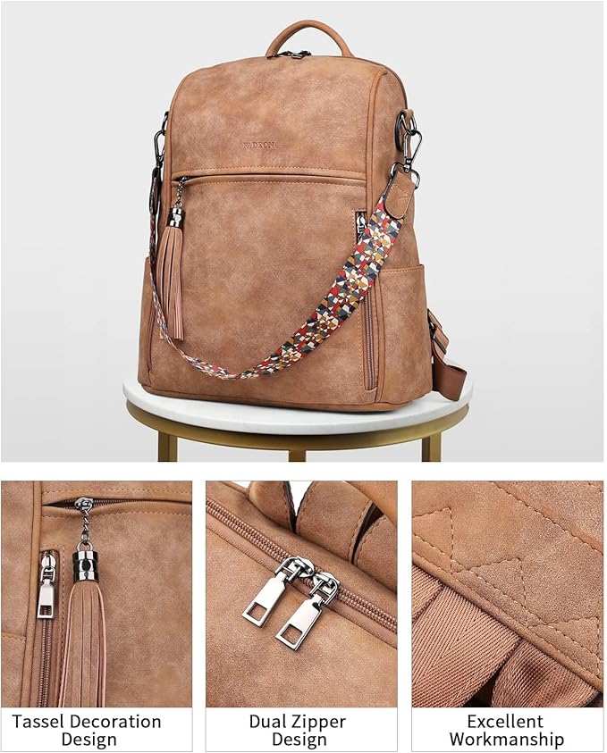 FADEON Leather Backpack Purse for Women Designer Travel Backpack Purses PU Fashion Ladies Shoulder Bag with Tassel