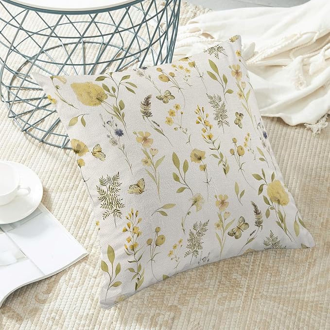 Spring Pillow Covers 18x18 Inch Set of 2, Mustard Yellow Green Wild Flower Throw Pillows Case,Colorful Seasonal Floral Plant Outdoor Decorative Farmhouse Decor Cushion Covers for Sofa Bed Couch
