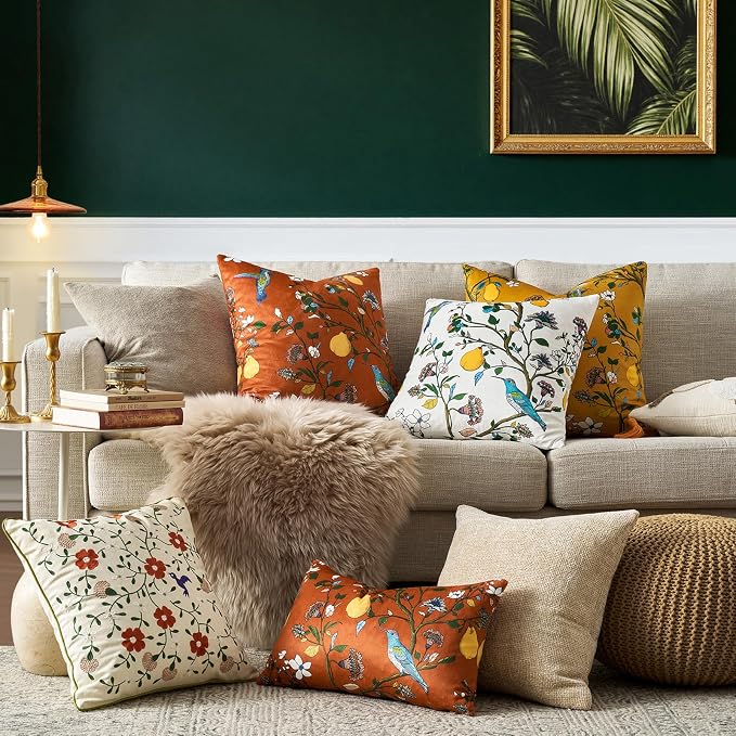 MUSSEL Burnt Orange Velvet Floral Decorative 20x20 Pillow Covers Set of 2 | Durable Sturdy,Botanical Printed Pattern,Throw Pillows Case,Square,Colorful Boho Cute Cushion Covers,Sofa Couch Decor