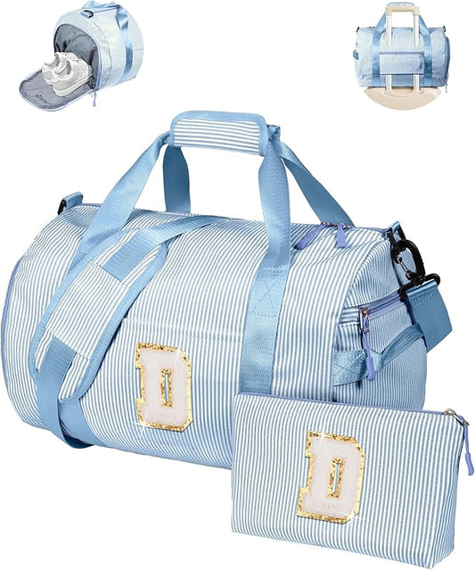 Birthday Gift for Grandkids, Girls Travel Duffle Bag, Kids Initial Overnight Bags with Shoe Compartment, Customized Weekender Bag with Makeup Pouch, Cute Present for Tween (Letter D)