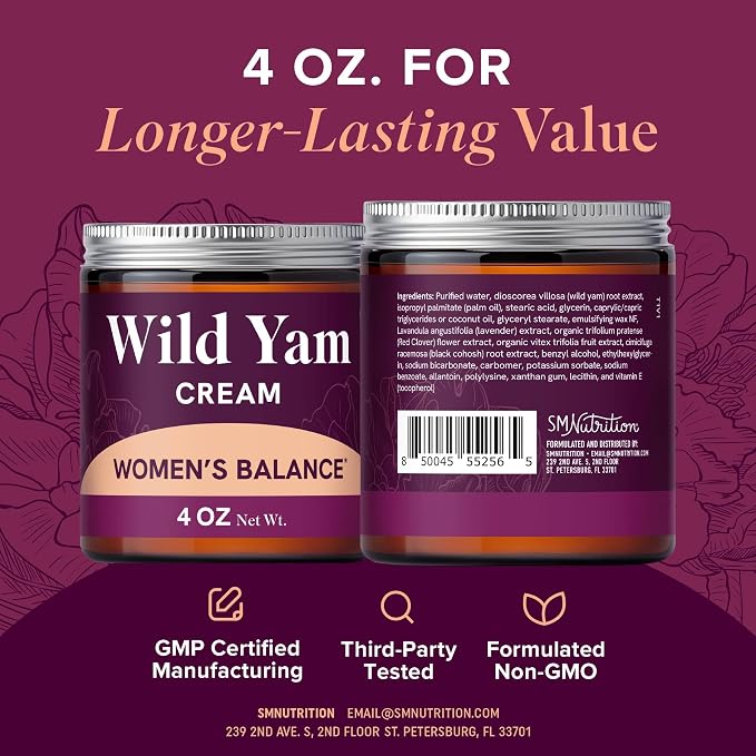 Wild Yam Cream for Hormone Balance | 3450mg Wild Yam for Herbal Menopause & PMS Support | Enriched with Vitex, Black Cohosh, Lavender & More | Estrogen & Progesterone Free Balancing Cream | 4 Oz.