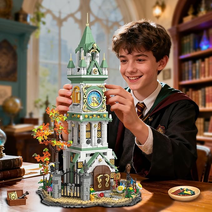 INSOON Magic Clock Tower Building Set with Light, 1566 PCS Big Medieval Castle House Construction Model with Owl & Garden, Home Decor Building Block Kit, Easter Gift for Adults Teens Boys Girls 12+