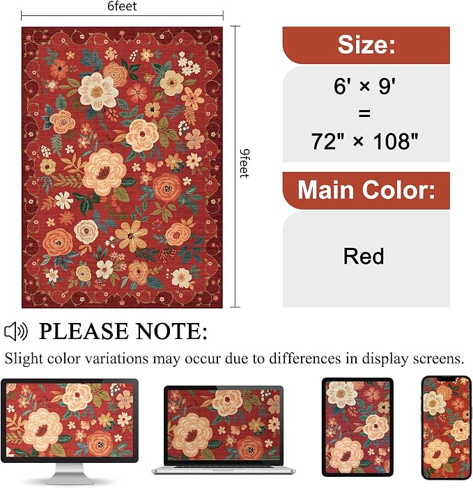 DUKINO 6x9 Area Rugs, Floral Washable Rug for Bedroom Non Slip, Red | Soft, Low Pile, Large Indoor Rug for Living Room, Dining Room, Kids Room, Office, Pet Friendly, Home Decor, Stain Resistant