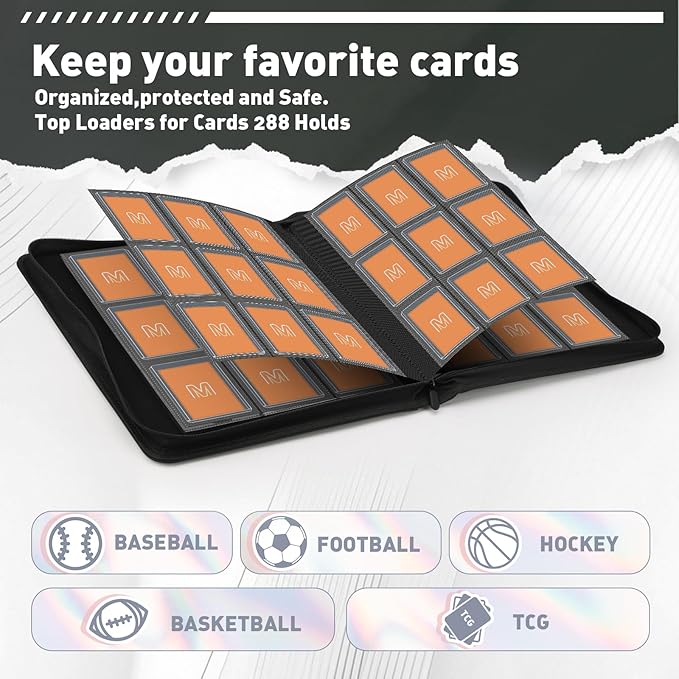 Toploader Binder,Trading Card Binder Storage Hold up 288 Cards 9-Pocket Top Loader Binder with Sleeves for 3"x4" Rigid Toploaders Hard Cases (9Black)
