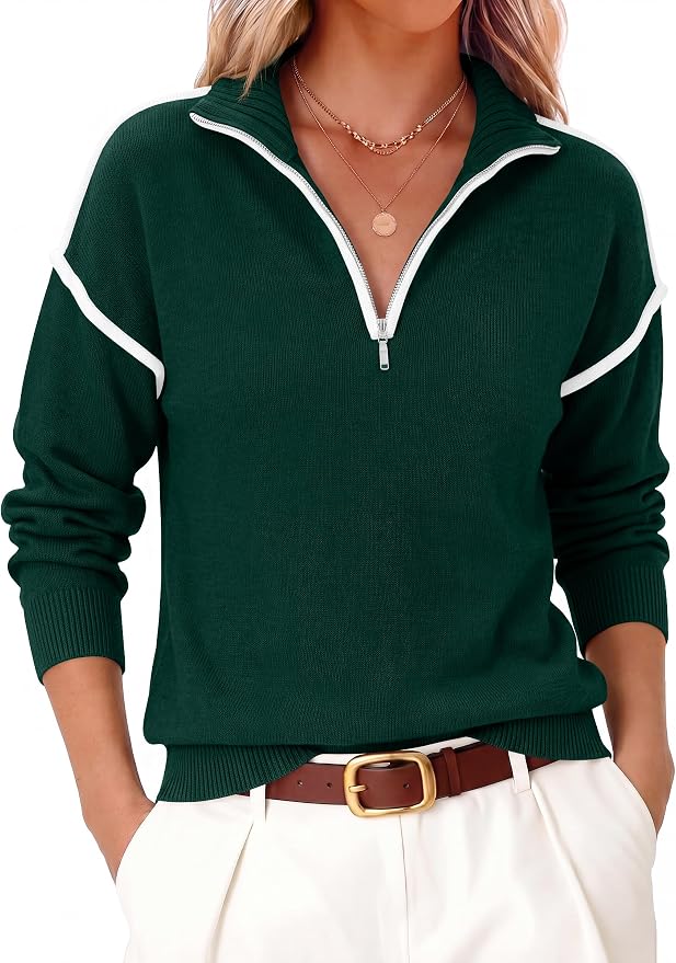 ANRABESS Womens Quarter Zip Sweaters Fall Long Sleeve V Neck Shirts Collared Business Casual Tops Knit Pullover Sweatshirts