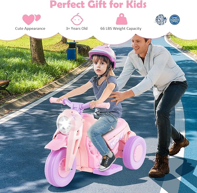 HONEY JOY Pink Ride On Motorcycle, 6V Toddler Motorcycle with Bubble Maker, LED Light, Music, Foot Pedal, Forward/Backward, 3-Wheel Battery Powered Electric Motorcycle for Kids, Gift for Boys Girls