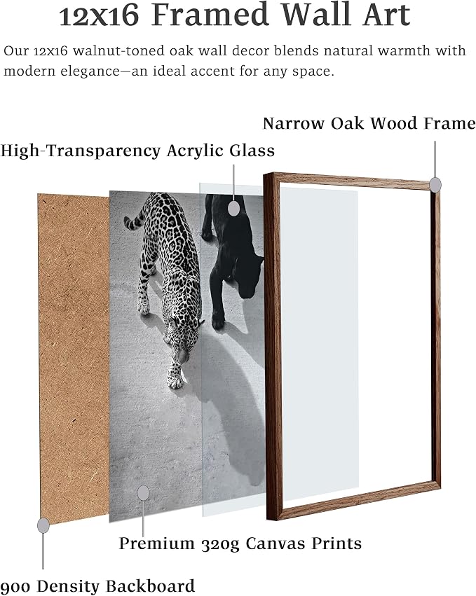 EcoHest 12x16 in Cheetah and Jaguar Walking Framed Wall Art | Walnut Color Solid Oak Frame, Canvas Wall Art, Black White Animal Wall Decor for Living Room, Bedroom, Apartment, Dorm, 1Pack