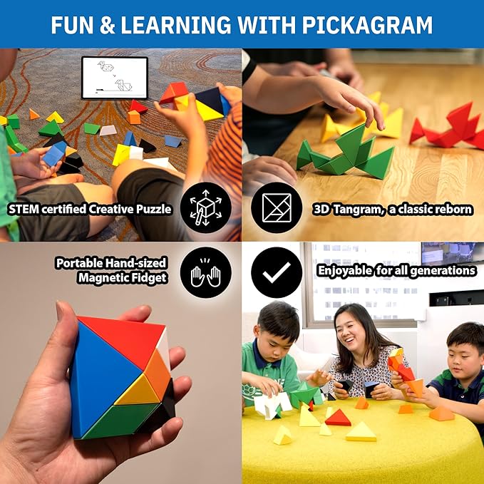 Pickagram Tangram 3D Magnetic Puzzle for Kids (8-12), Adults & Seniors | STEM Certified Fidget Puzzle - Magnetic Pattern Blocks for Cognitive Development, Creativity & Focus - Orange