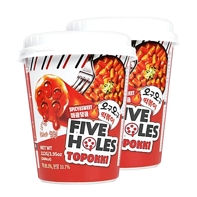 Five Holes Topokki Sweet & Spicy Flavor, Instant Korean Rice Cakes, 3.95oz (Pack of 2)