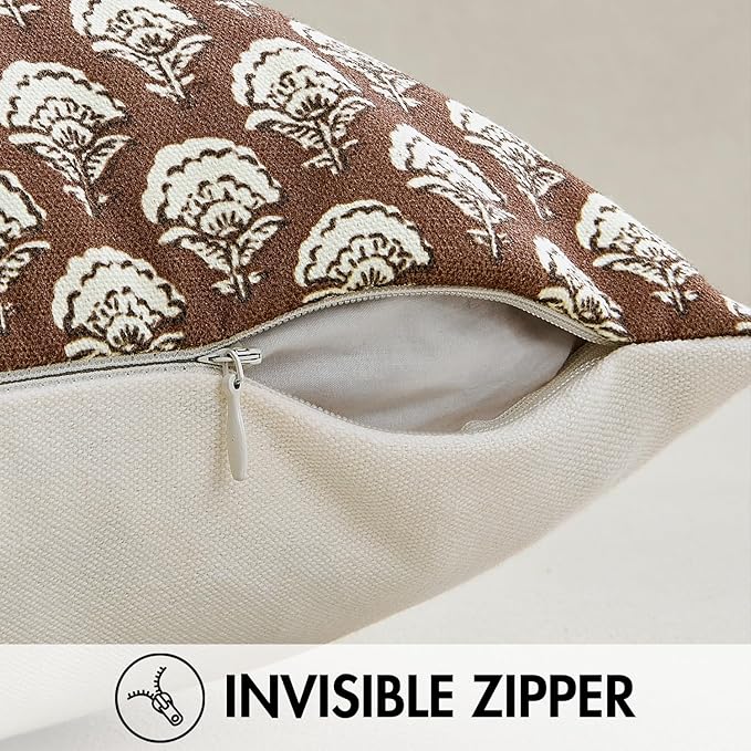 MIULEE Fall Floral Print Decorative Pillow Covers 20x20, Dark Brown | Vintage Boho Farmhouse Modern Home Decor, Set of 2, Block Print Cushion Covers for Couch Sofa Bed Living Room