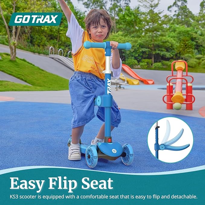 Gotrax KS3 Kids Kick Scooter, LED Lighted Wheels, Adjustable Height Handlebars and Removable Seat, Lean-to-Steer & Widen Anti-Slip Deck, 3 Wheel Scooter for Kids Ages 2-8 and up to 110 Lbs