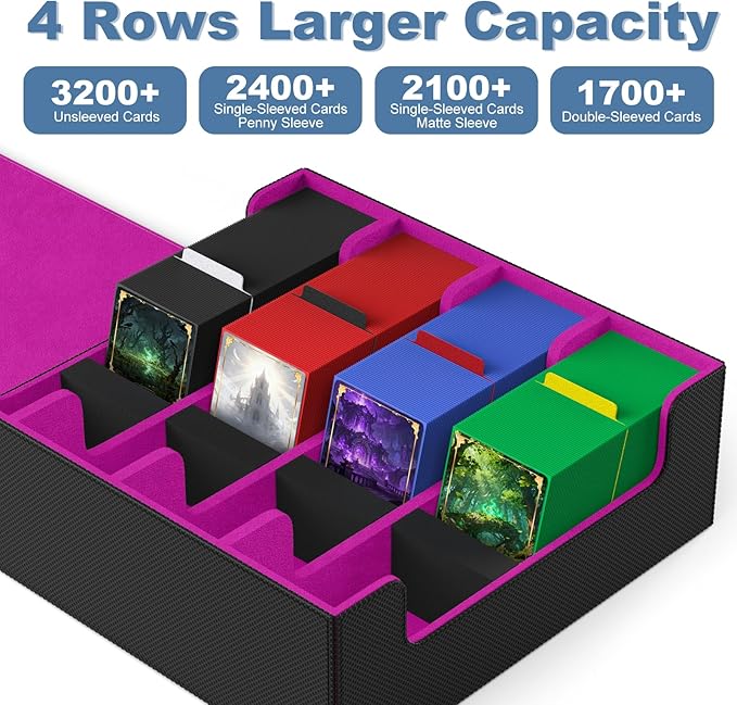 Mlikero Card Deck Case, 2400+ Trading Card Storage Box with 10 Colorful Dividers and 4 Foam Stoppers, Leather Magnetic Closure Commander Deck Box Fit for MTG, TCG (4 Rows, Black&Purple)