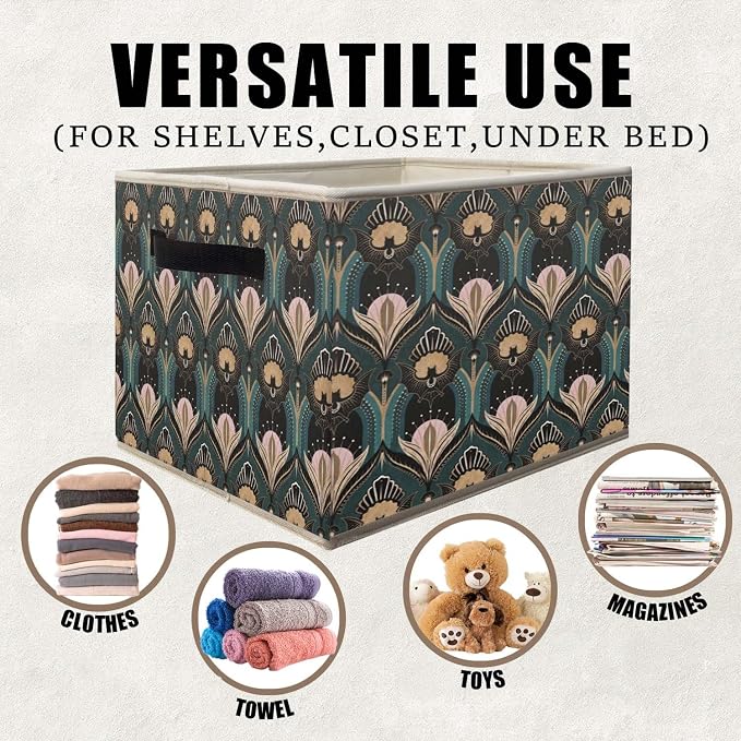 Art Deco Floral Storage Bins Basket, Vintage Maximalist Gothic Bats and Flowers Collapsible Fabric Storage Box Organizer Toybox for Bedroom Bathroom Clothes Books Toys