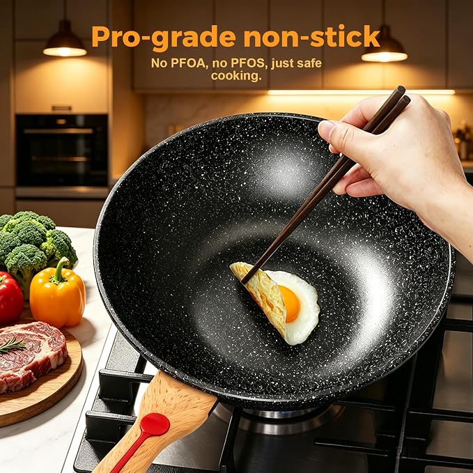 ITSMILLERS Nonstick Wok Aluminium Die-casting Chinese Wok, Scratch Resistant With Lid and Spatula, PFOA-Free, Dishwasher Safe & Induction Bottom,11.8 Inch,5QT,Large Capacity