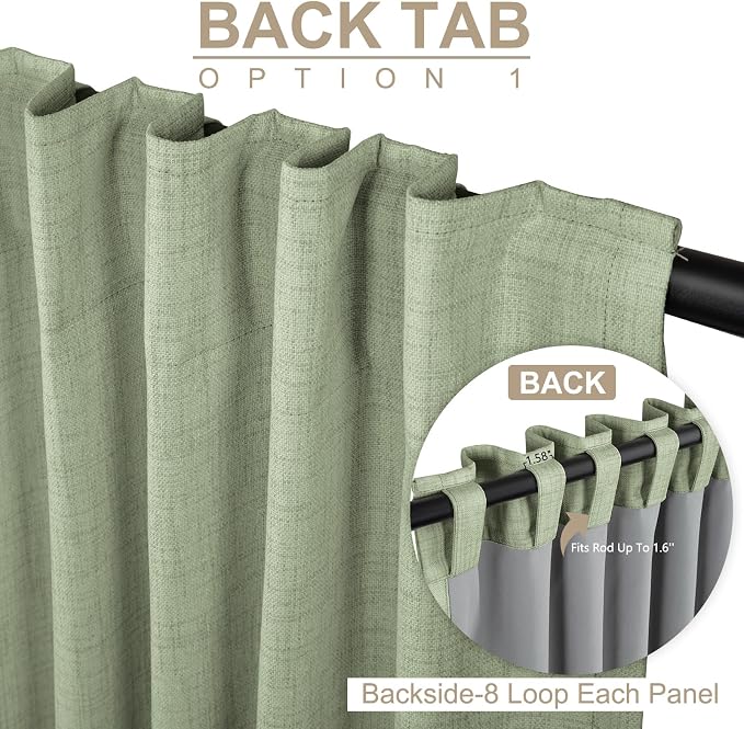 100% Blackout Shield Linen Blackout Curtains for Bedroom 84 Inches Long, Back Tab/Rod Pocket Living Room Drapes, Thermal Insulated Blackout Curtains 2 Panels Set, 50" W x 84" L, Sage
