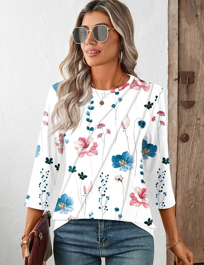 LOMON 3/4 Length Sleeve Womens Tops Spring Summer Fashion 2026 Tops Crew Neck Pleated Shirts Tunic Top Loose Fit