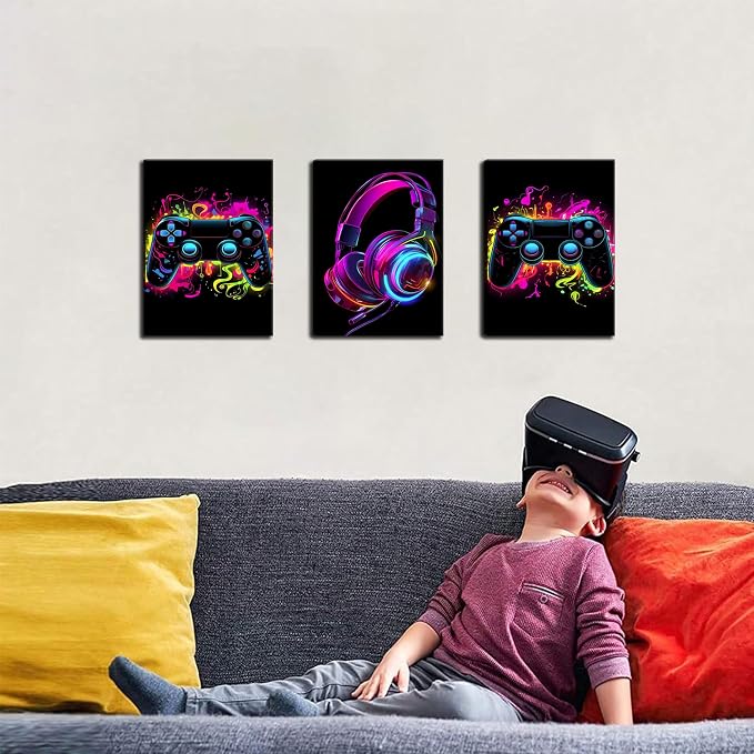 BGFCE Game Room Decor Set of 3, Neon Gaming Video Game Room Wall Art, Gaming Canvas Paintings Posters Prints for Teen Boys Room Children Teen Wall Decor Framed 16x24 in