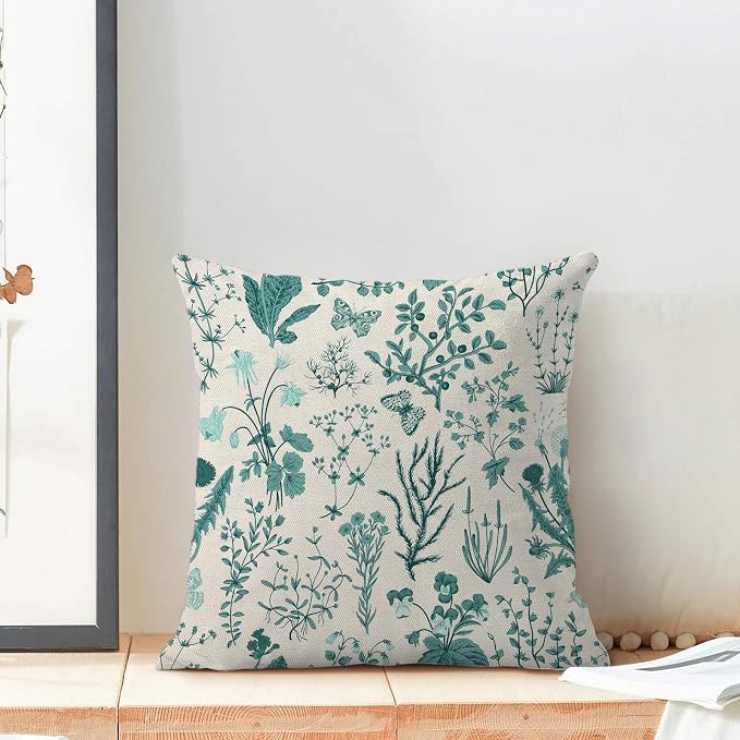 AEIOAE Summer Pillow Covers 22x22 Inch Set of 2,Teal Green Wild Flower Plant Throw Pillows Case,Seasonal Floral Outdoor Decorative Square Linen Farmhouse Decor Cushion Covers for Home Sofa Bed Couch