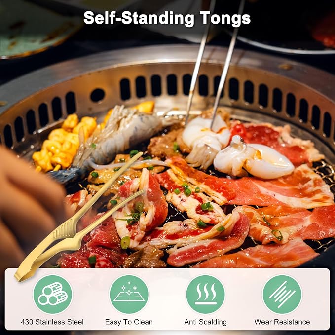 M METERXITY 5 Pcs Korean and Japanese BBQ Tongs 9.5 Inch Barbecue Tongs 430 Stainless Steel Kitchen Self-Standing Grill Non-Slip for Grill/Salad/Camping/Cooking [Gold]