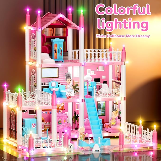 Doll House for Girls, DIY Dream Dollhouse with Furniture and Rooms Accessories, Miniature Pretend Playhouse with Lights, Building Princess House Dolls Playset Figures Toys Kit Gift for Ages 3+