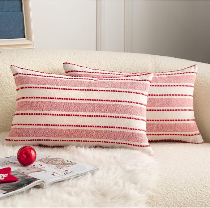 Cethom Christmas Pillow Covers, Boho Textured Red Pillow Case, Pillow Covers 12 x 20 Inch Set of 2 Christmas Decorative, Chair Sofa Bedroom Living Room Home Holiday Decor Cushion Case
