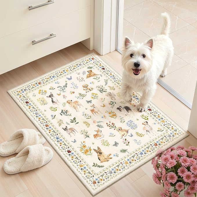 Soalmost 2x3 Dog Rugs for Entryway, Washable Door Mat Animal Soft Rug Beige | Floral Small Cute Area Rug Non-Slip Low Pile Throw Rugs for Entrance Kitchen Indoor Front Door Kids Room 2' x 3'