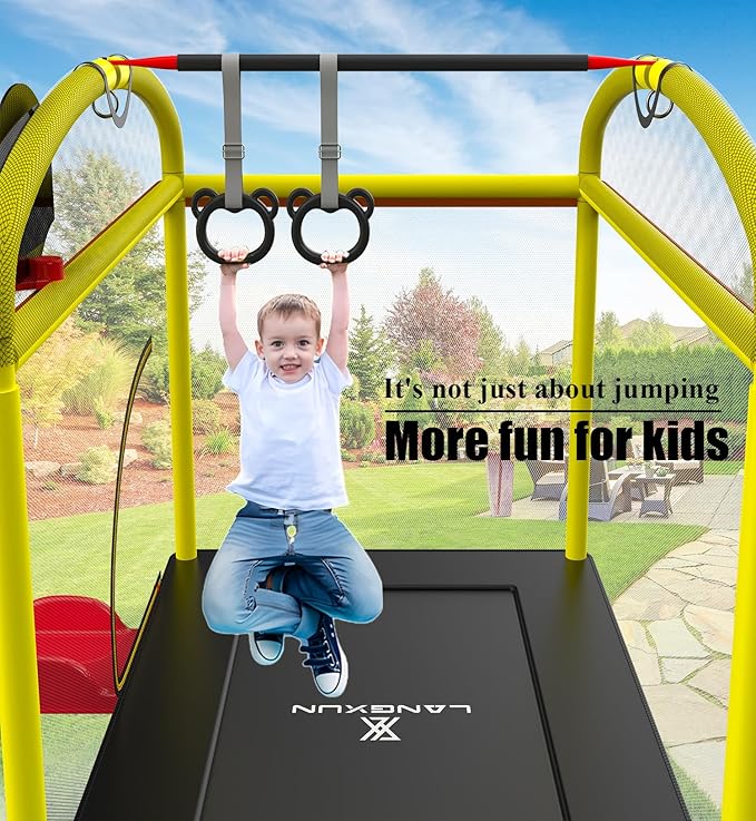 6.5ft Climb Slide Swing 7-in-1 Mini Rectangular Trampoline for Kids | Birthday Gift for Girls and Boys, Indoor Outdoor Toddler's Trampoline with Safety Net Enclosure, Padding, Zipper