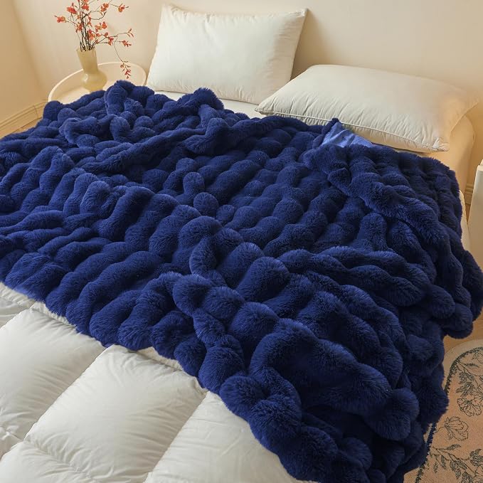 LIFEREVO Luxury Fluffy Faux Rabbit Fur Throw Blanket 50x60, Navy Blue | Plush Bubble Blanket for Bed Couch Sofa Office, Decorative Soft Cute Royal Furry Lap Throw for Kids Teens Adults, Washable